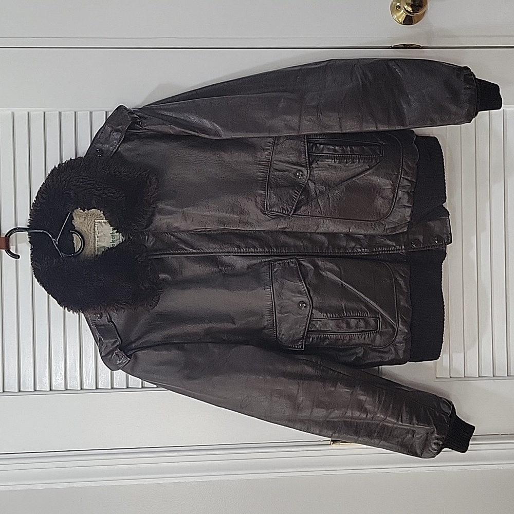 Gino Leathers USA Mens Pilot Bomber Jacket Brown Faux Fur Collar Size 46 Tall